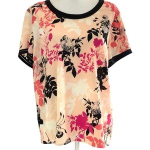 Talbots Women’s Floral Blouse Sz 16 Short Sleeve Lightweight Pink Black Blush